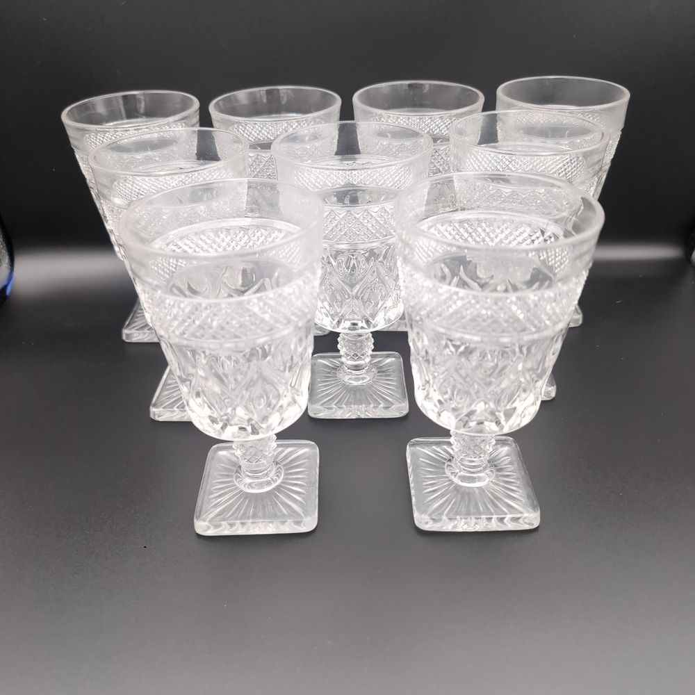 9 Cape Cod Water Goblets Set Clear Pressed Glass Square Base Foot Vintage Wine